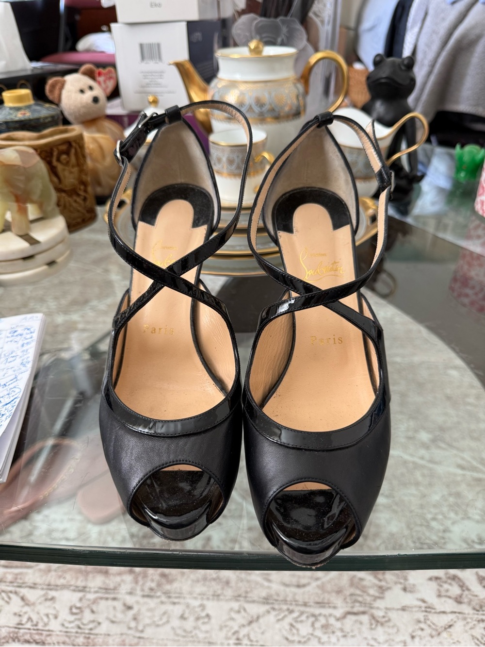 Christian Louboutin Black Patent & Leather Peep-Toe Crisscross Platform Heels